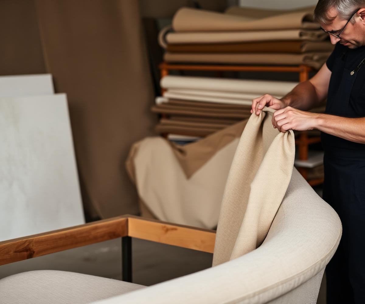 Upholsterer fitting new fabric over a sofa frame in the workshop